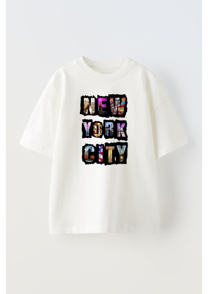 Beyaz Oversize Pamuk Newyork City Yazı Baskılı Örme T-Shirt