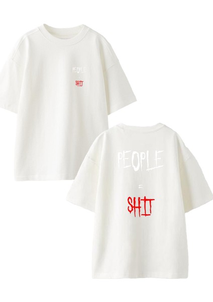 Beyaz Oversize Pamuk People Shit Ön Arka Baskılı Örme T-Shirt