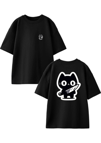 Siyah Oversize Pamuk Bıçaklı Kedi Ön Arka Baskılı Örme T-Shirt