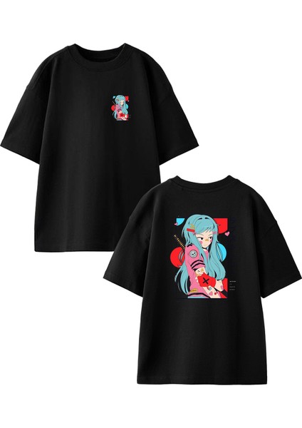 Siyah Oversize Pamuk Mavi Saçlı Anime Kız Ön Arka Baskılı Örme T-Shirt