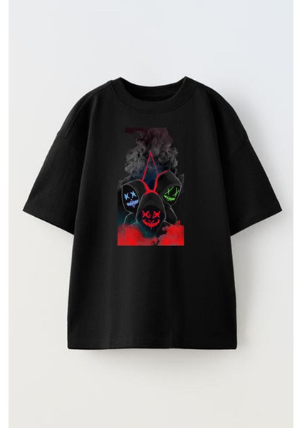 Siyah Oversize Pamuk Hacker Maske Üçlü Baskılı Örme T-Shirt