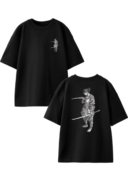 Siyah Oversize Pamuk Samuray Anime Oğlan Ön Arka Baskılı Örme T-Shirt