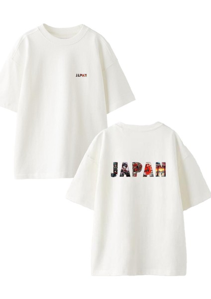 Beyaz Oversize Pamuk Japan Yazısı Ön Arka Baskılı Örme T-Shirt