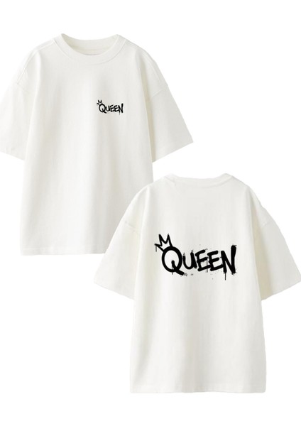 Beyaz Oversize Pamuk Queen Kral Ön Arka Baskılı Örme T-Shirt