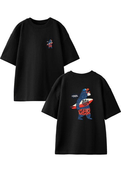 Siyah Oversize Pamuk Cool Goril Surfing Ön Arka Baskılı Örme T-Shirt