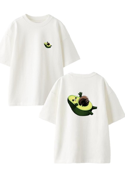 Beyaz Oversize Pamuk Düşmüş Avakado Ön Arka Baskılı Örme T-Shirt