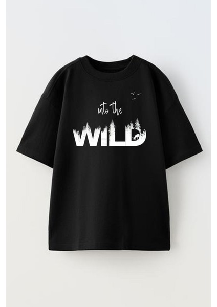 Siyah Oversize Pamuk Into Wild Baskılı Örme T-Shirt