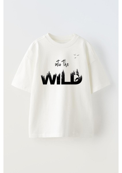 Beyaz Oversize Pamuk Into Wild Baskılı Örme T-Shirt