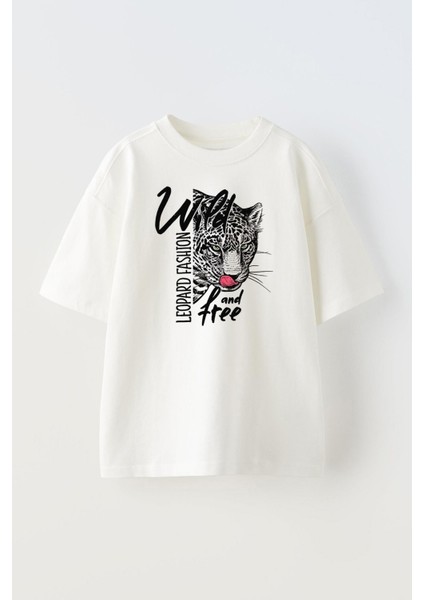 Beyaz Oversize Pamuk Leopar Fashion Baskılı Örme T-Shirt