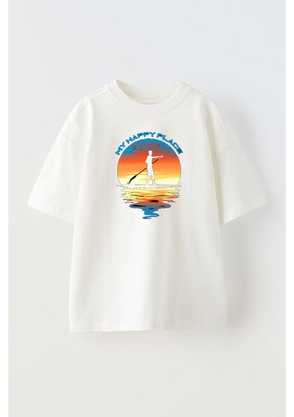 Beyaz Oversize Pamuk My Happy Place Baskılı Örme T-Shirt