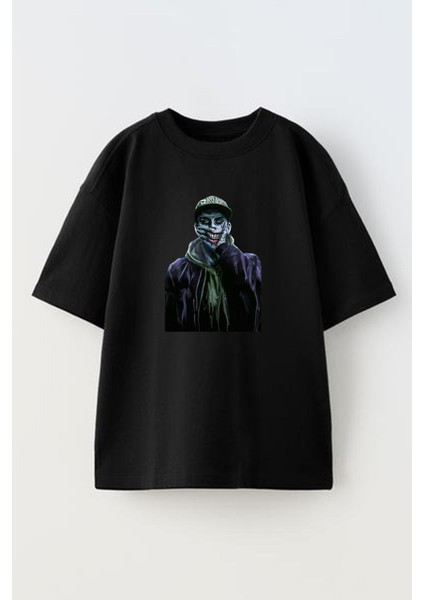 Siyah Oversize Pamuk Cap Joker Baskılı Örme T-Shirt