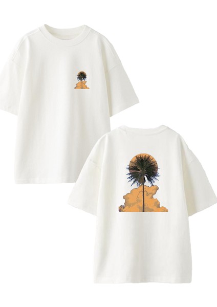 Beyaz Oversize Pamuk Ağaç Dolunay Ön Arka Baskılı Örme T-Shirt