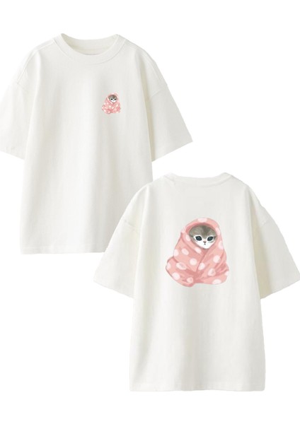 Beyaz Oversize Pamuk Battaniye Sarılmış Kedi Ön Arka Baskılı Örme T-Shirt