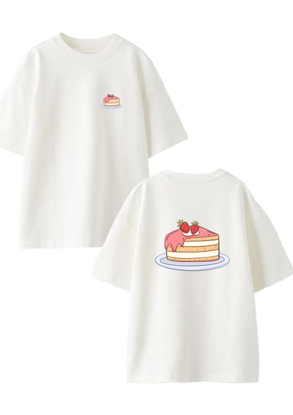 Beyaz Oversize Pamuk Çilekli Pasta Ön Arka Baskılı Örme T-Shirt