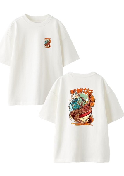 Beyaz Oversize Pamuk Japon Yemek Tabağı Ön Arka Baskılı Örme T-Shirt