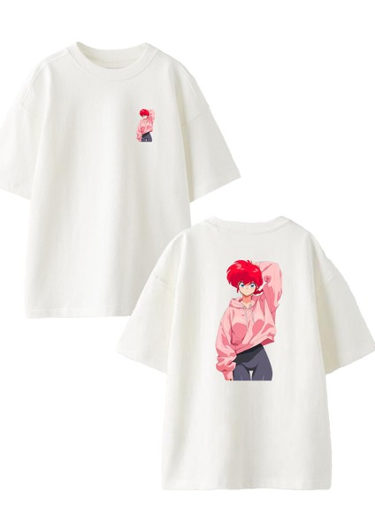 Beyaz Oversize Pamuk Kırmızı Taytlı Kız Ön Arka Baskılı Örme T-Shirt