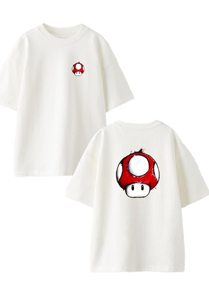 Beyaz Oversize Pamuk Mantar Gülücük Ön Arka Baskılı Örme T-Shirt