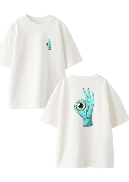 Beyaz Oversize Pamuk Tek Göz Okey Ön Arka Baskılı Örme T-Shirt