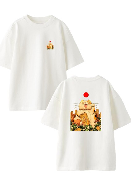 Beyaz Oversize Pamuk Zengin Pamukkedi Ön Arka Baskılı Örme T-Shirt