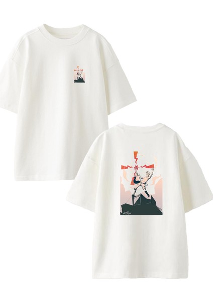Beyaz Oversize Pamuk Elektro Dalga Gitar Ön Arka Baskılı Örme T-Shirt