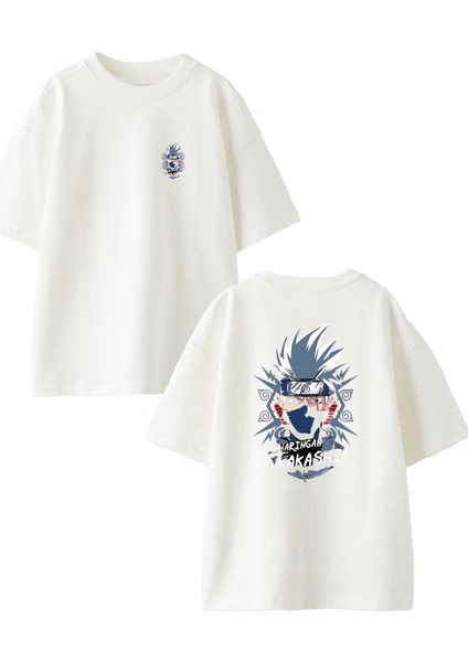 Beyaz Oversize Pamuk Kakashi Anime Çizgi Ön Arka Baskılı Örme T-Shirt