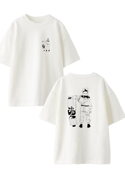 Beyaz Oversize Pamuk Kaykaycı Genç Anime Ön Arka Baskılı Örme T-Shirt