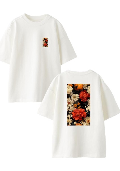 Beyaz Oversize Pamuk Çiçekler Laleler Ön Arka Baskılı Örme T-Shirt