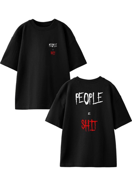 Siyah Oversize Pamuk People Shit Ön Arka Baskılı Örme T-Shirt