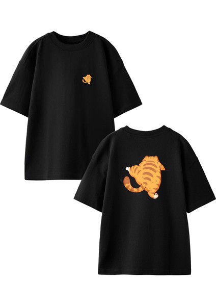 Siyah Oversize Pamuk Tırmanan Kedi Ön Arka Baskılı Örme T-Shirt