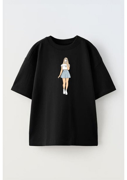 Siyah Oversize Pamuk Foto Çeken Mini Etekli Baskılı Örme T-Shirt