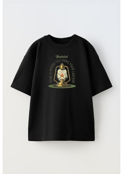 Siyah Oversize Pamuk Gaz Lambası Yazı Baskılı Örme T-Shirt