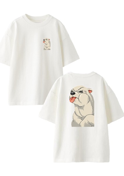 Beyaz Oversize Pamuk Yavru Kutup Ayısı Ön Arka Baskılı Örme T-Shirt