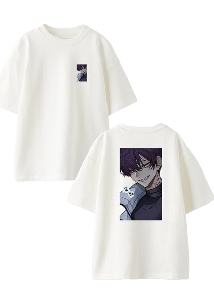 Beyaz Oversize Pamuk Hayalet Anime Genç Ön Arka Baskılı Örme T-Shirt