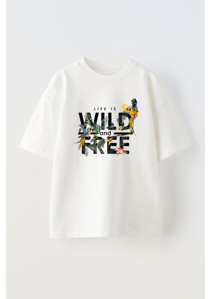 Beyaz Oversize Pamuk Wild Free Papağan Baskılı Örme T-Shirt