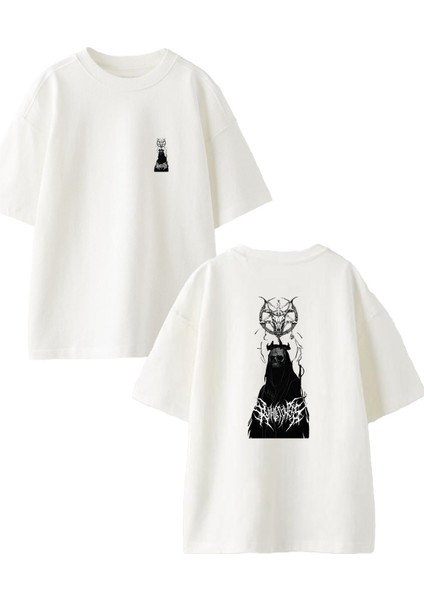 Beyaz Oversize Pamuk Boynuzlu Cellat Kurukafa Ön Arka Baskılı Örme T-Shirt