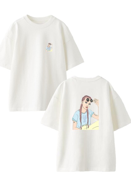 Beyaz Oversize Pamuk Its Okey Kız Ön Arka Baskılı Örme T-Shirt