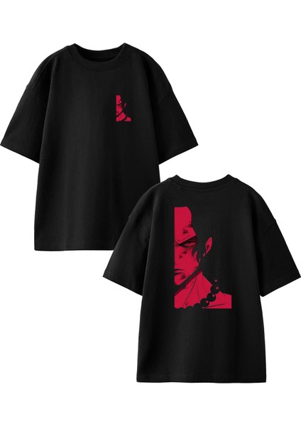 Siyah Oversize Pamuk Kırmızı Şeytan Adam Ön Arka Baskılı Örme T-Shirt