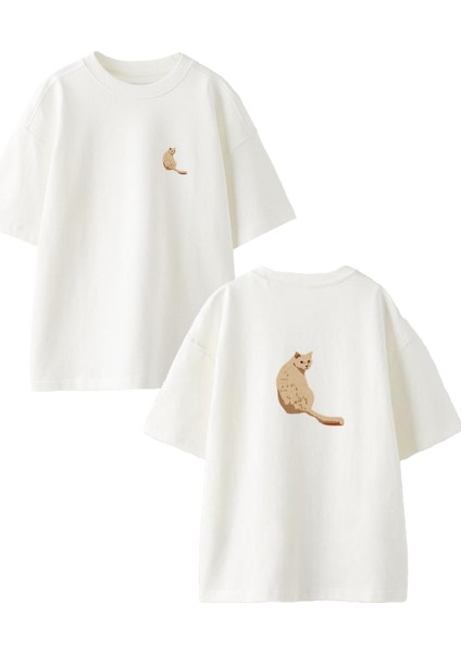 Beyaz Oversize Pamuk Bakan Kedicik Ön Arka Baskılı Örme T-Shirt