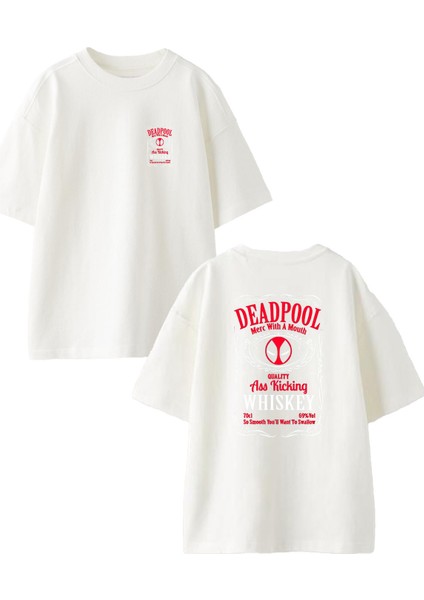 Beyaz Oversize Pamuk Deadpool Viski Ön Arka Baskılı Örme T-Shirt