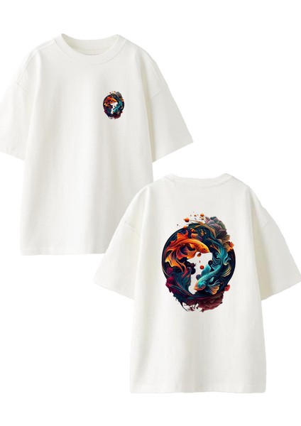 Beyaz Oversize Pamuk Japon Balık Desen Ön Arka Baskılı Örme T-Shirt