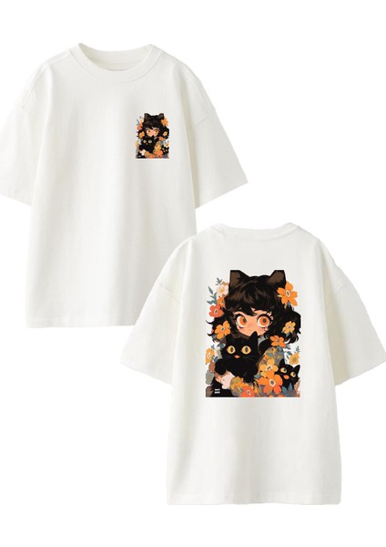 Beyaz Oversize Pamuk Kedili Kız Çiçek Ön Arka Baskılı Örme T-Shirt