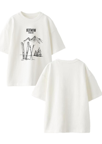Beyaz Oversize Pamuk Winter Kayak Dağ Ön Arka Baskılı Örme T-Shirt