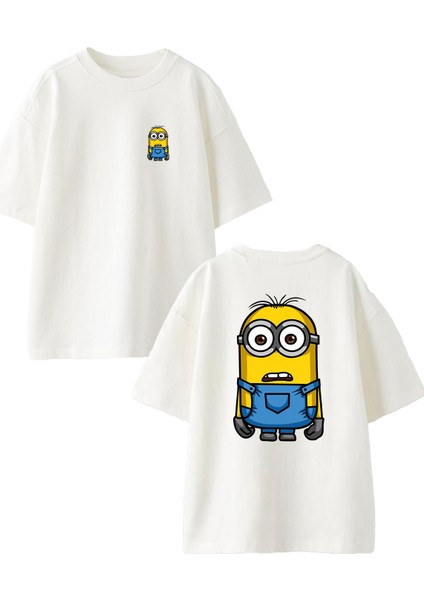 Beyaz Oversize Pamuk Şaşkın Minyon Işçi Ön Arka Baskılı Örme T-Shirt