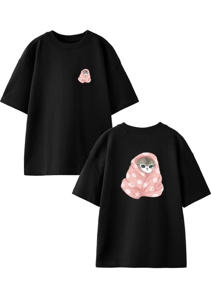 Siyah Oversize Pamuk Battaniye Sarılmış Kedi Ön Arka Baskılı Örme T-Shirt