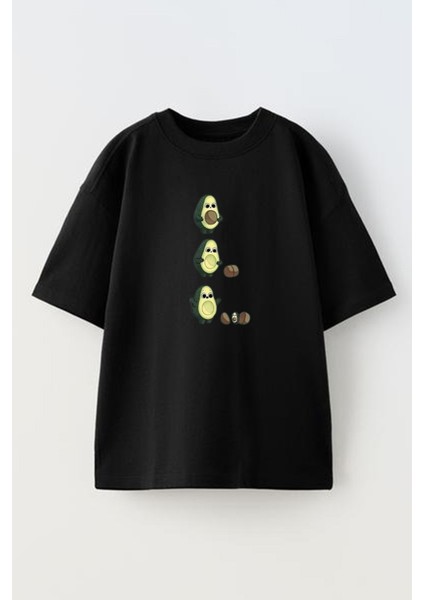 Siyah Oversize Pamuk Sakar Avakado Baskılı Örme T-Shirt