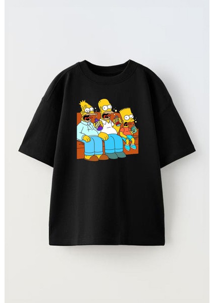 Siyah Oversize Pamuk Sipson Ailesi Baskılı Örme T-Shirt