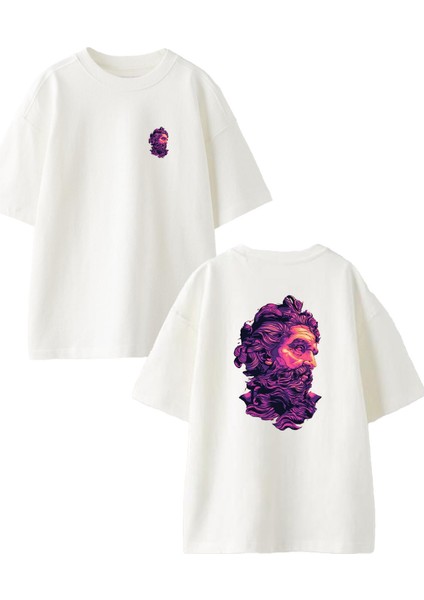Beyaz Oversize Pamuk Zeus Renkli Ön Arka Baskılı Örme T-Shirt