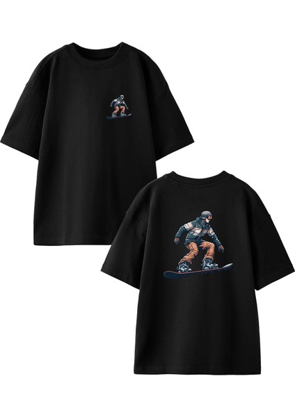 Siyah Oversize Pamuk Snowboard Genç Ön Arka Baskılı Örme T-Shirt