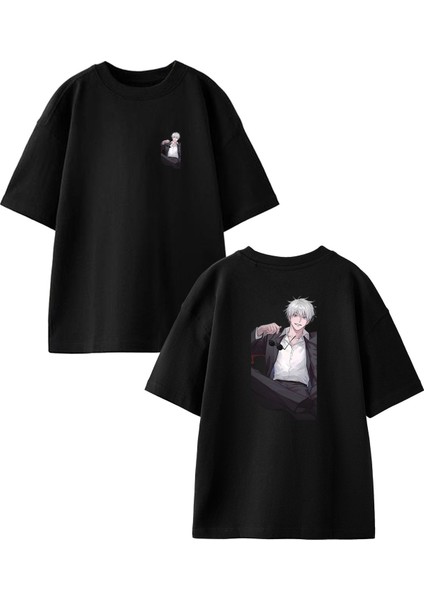 Siyah Oversize Pamuk Takım Elbiseli Anime Ön Arka Baskılı Örme T-Shirt