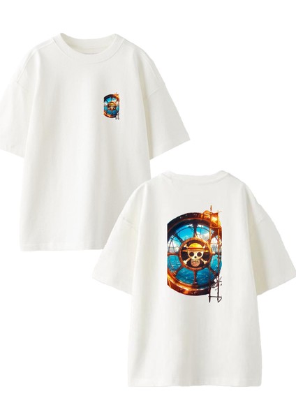 Beyaz Oversize Pamuk Gemi Direksiyon Kurukafa Ön Arka Baskılı Örme T-Shirt